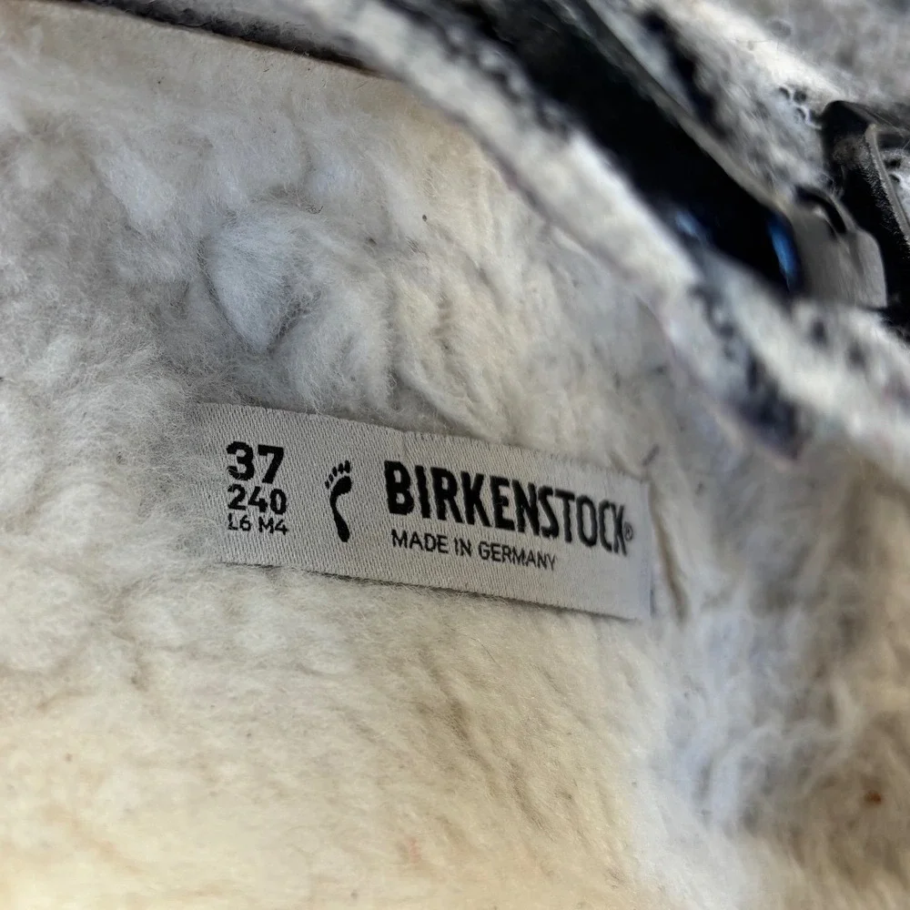 Birkenstock Arizona Buffalo Plaid Wool Shearling Sandals Black White 37 L6 M4
